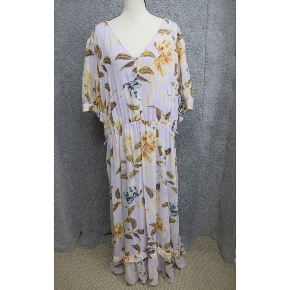 Calvin Klein Floral Chiffon Maxi Dress Women 24W Yellow Ruffle Tierd Cottagecore